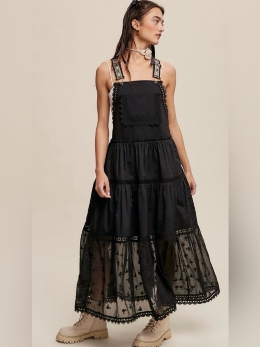 Women’s BOHO Black Lace Pieced Jacquard Skirtall